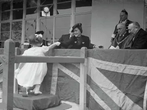The Duchess of Kent receiving purses from children. 1938 The Duchess of Kent receiving purses from children. 1938
