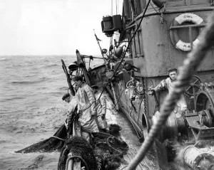 Fishermen on board a trawler in the North Sea hauling in their nets Fish where the fish are Fishermen on board a trawler in the North Sea hauling in their nets Fish where the fish are