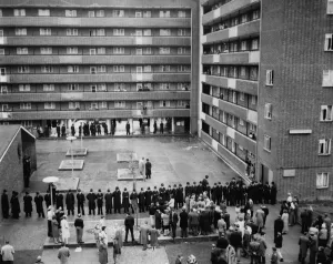 A general view of the scene outside Silverdale House, Hampstead Road, London when A general view of the scene outside Silverdale House, Hampstead Road, London when