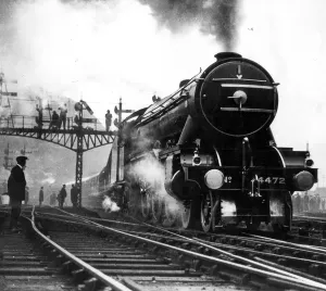 Prints of The Flying Scotsman leaving Kings Cross on the first non stop run to Edinburgh May 1st 1928 vintage stills archive picture library stock photographic Edinburgh City Prints: The Flying Scotsman Print - Non-Stop Departure from Kings Cross May 1st 1928