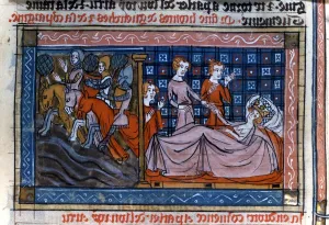 Guinevere gives Bohort a ring for Lancelot 14th century Guinevere gives Bohort a ring for Lancelot 14th century