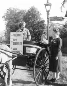 By horse and trap to vote. Miss Pat Hornsby Smith had the loan of a horse and trap By horse and trap to vote. Miss Pat Hornsby Smith had the loan of a horse and trap