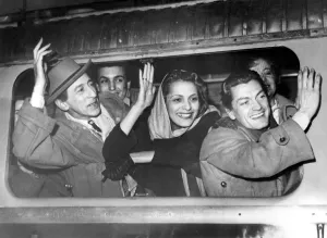 Jean Cocteau, the famous playwright-producer (left); Andree Debar, actress (centre) Jean Cocteau, the famous playwright-producer (left); Andree Debar, actress (centre)