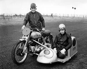 1950s Collection: John ( in the sidecar ) and his father, Jack Surtees at a race meeting