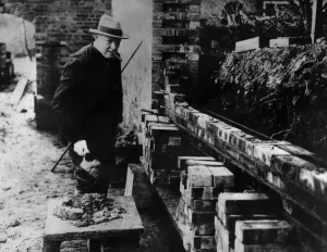 Politician Prints: Winston Churchill building a wall at Chartwell in Kent, Print