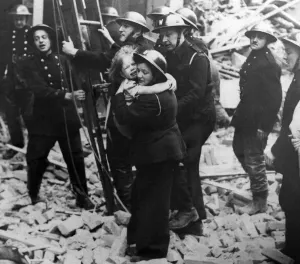 The London Blitz Prints: Print of ARP warden rescuing girl from bombed building wreckage