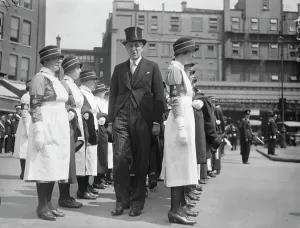 Prints of Post Office Ambulance Corps inspected by Director General Ambulance Prints: Print of Sir Thomas Gardiner inspecting nurses at the GPO headquarters