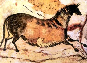 Prints of Cave Art - Lascaux - Prehistoric cave painting of running horse, from the cave system of Lascaux (Axial Gallery). Computer/artwork graphic by James Thorn France Prints: Print of a Prehistoric Running Horse