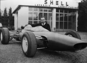 New Ferrari Formula One. Modena, Italy : British race ace John Surtees poses New Ferrari Formula One. Modena, Italy : British race ace John Surtees poses