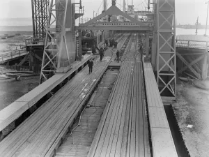 An overview of the Richborough Train Ferry on the east coast of Kent showing the ramp between boat An overview of the Richborough Train Ferry on the east coast of Kent showing the ramp between boat