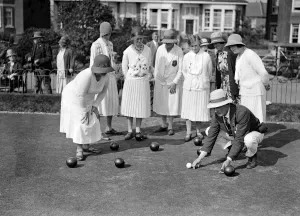 Photographed here is the referee measuring up the woods for the first Open Bowls Photographed here is the referee measuring up the woods for the first Open Bowls