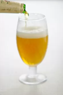 Pouring lager beer into stemmed beer glass credit: Marie-Louise Avery / thePictureKitchen
