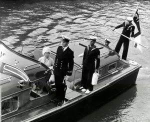 The Queen Mother arrives by Royal barge at Portsmouth 28th April 1962 The Queen Mother arrives by Royal barge at Portsmouth 28th April 1962