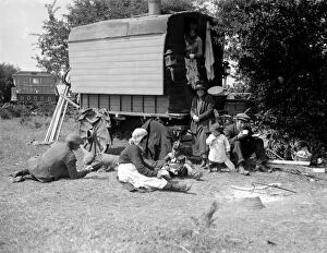 Romany gypsy family camped on Epsom downs during the race meeting on Epsom racecourse
