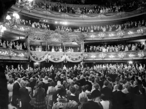 Prints of The Queen at the Royal Opera House for gala in honour of visit of king gustav adolf and queen louise of sweden 30 june 1954. Audience stands and turns as the national anthems are played Sweden Prints: Print of The Queen at the Royal Opera House Gala
