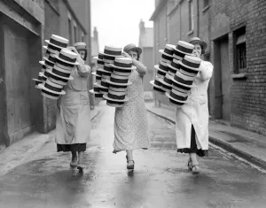 Straw and felt hat making at Messrs Olemeys, 43 York Street, Luton. 24 April 1934 Straw and felt hat making at Messrs Olemeys, 43 York Street, Luton. 24 April 1934