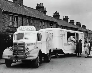A travelling fish and chip shop for the villages. This mammoth van, owned by H.C A travelling fish and chip shop for the villages. This mammoth van, owned by H.C