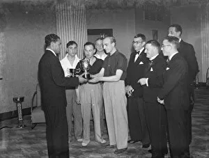 The trophy presentation at table tennis final in Deptford, Kent. 1939