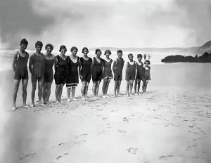 Swimsuit Gallery: Bathers on the beach at Perranporth, Perranzabuloe, Cornwall. 1920s