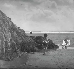 Children on beach at Perranporth, Perranzabuloe, Cornwall. Early 1900s Children on beach at Perranporth, Perranzabuloe, Cornwall. Early 1900s