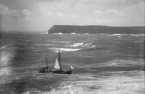 Shelter Gallery: Fishing boat in rough sea approaching the Camel Estuary, Padstow, Cornwall. Early 1900s