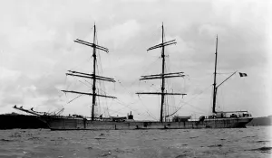 The French three-masted barque La Fontaine off Falmouth, Cornwall. July 1909 The French three-masted barque La Fontaine off Falmouth, Cornwall. July 1909