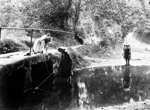 Three girls fishing in the River Kenwyn at the ford and footbridge, Treliske Lane Three girls fishing in the River Kenwyn at the ford and footbridge, Treliske Lane