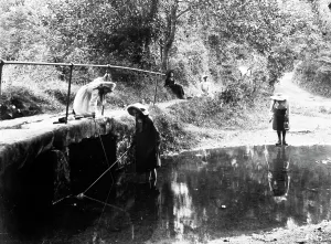 Children Prints: Print of Four Girls and a Woman at Kenwyn Ford, Cornwall