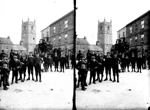 Print of Market Square, St Just in Penwith, early 1900s stereo view