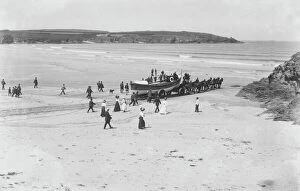 Carriage Gallery: RNLI lifeboat Arab II at Harlyn Bay, St Merryn, Cornwall. Around 1908