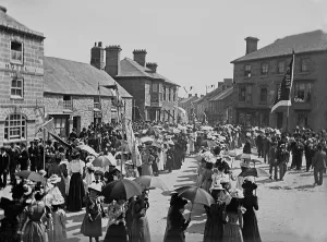 Wesleyan Sunday School procession entering Market Square, St Just in Penwith, Cornwall. Early 1900s Wesleyan Sunday School procession entering Market Square, St Just in Penwith, Cornwall. Early 1900s