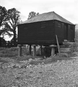 Wooden granary building on staddle stones, Shillingham Manor Farm, St Stephens by Saltash Wooden granary building on staddle stones, Shillingham Manor Farm, St Stephens by Saltash