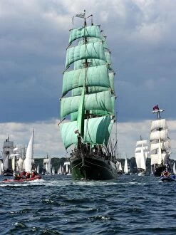 The Alexander von Humboldt (C) tall ship sails off the coast of Kiel, northern Germany on June 25