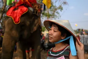 Print of a spectator waiting for the start of an elephant race