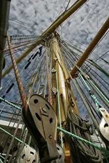 Photo shows the rigging of a tall ship docked at the Lithuanian Baltic Sea port of