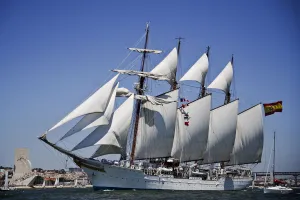 Sailing boat Juan Sebastian De Elcano sails at the Tejo River in Lisbon on July 22 Sailing boat Juan Sebastian De Elcano sails at the Tejo River in Lisbon on July 22