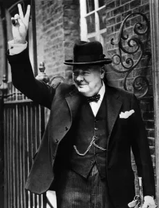 Black and White Print of Winston Churchill Making the V Sign
