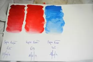 France Collection: A view of oil paint color tests in a workshop at the Raphael-Isabey-Sennelier factory