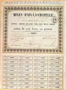 100 francs Bearer share of Aachen mines, 1856 (engraving) 100 francs Bearer share of Aachen mines, 1856 (engraving)