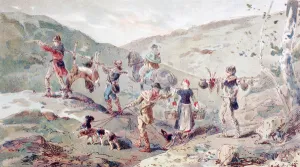 13th Century Hunting Party with Porters, 1886 (colour litho) 13th Century Hunting Party with Porters, 1886 (colour litho)