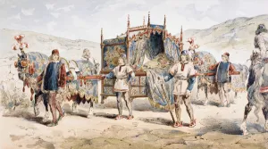 15th Century Noble Womans Horse Drawn Litter, 1886 (colour litho) 15th Century Noble Womans Horse Drawn Litter, 1886 (colour litho)