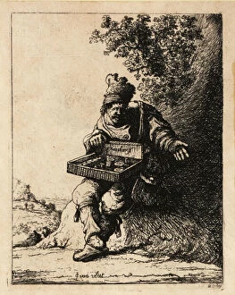 Peddler Gallery: 17th century Dutch pedlar with straw box of wares seated by a ro, 1803 (engraving)