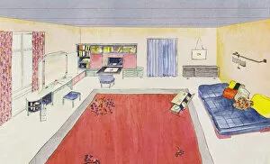 1930s interiors: Dressing- and living-room for lady (colour litho)