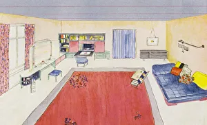 1930s interiors: Dressing- and living-room for lady (colour litho) 1930s interiors: Dressing- and living-room for lady (colour litho)