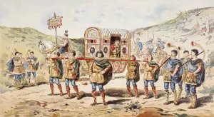 A 9th century noblewoman carried in a litter by four men, 1886 (colour litho) A 9th century noblewoman carried in a litter by four men, 1886 (colour litho)