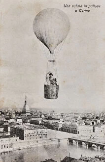 Panoramic View Gallery: 'A sprint in balloon in Turin': woman aboard a hot air balloon, Turin, Italy, 1900-1910