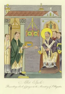 Abbot Elfnoth presenting a book of prayer to the Monastery of St Augustine Abbot Elfnoth presenting a book of prayer to the Monastery of St Augustine