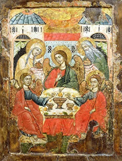 Images Dated 9th August 2006: Abraham and the Three Angels, icon, from Macedonia, c.1700 (tempera on panel)