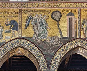Abraham prostrates himself before the three angels, Byzantine mosaic, Old Testament cycle-Abraham Abraham prostrates himself before the three angels, Byzantine mosaic, Old Testament cycle-Abraham
