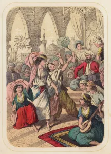 Abu Hassan and Harun al Rashid in a scene from One Thousand and One Nights (colour litho) Abu Hassan and Harun al Rashid in a scene from One Thousand and One Nights (colour litho)
